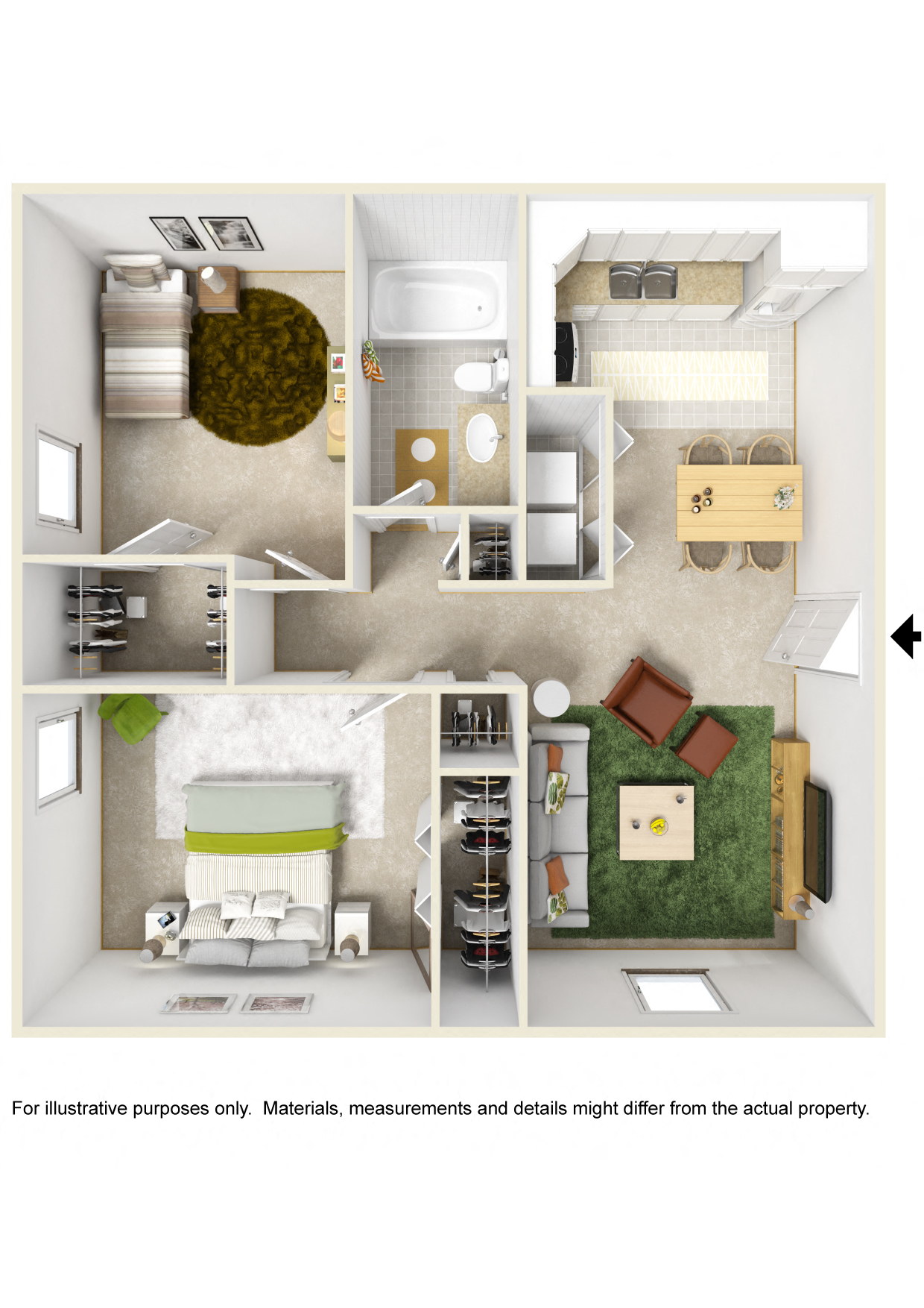 Floor plan for 2 beds, 1 bath, 767 sqft